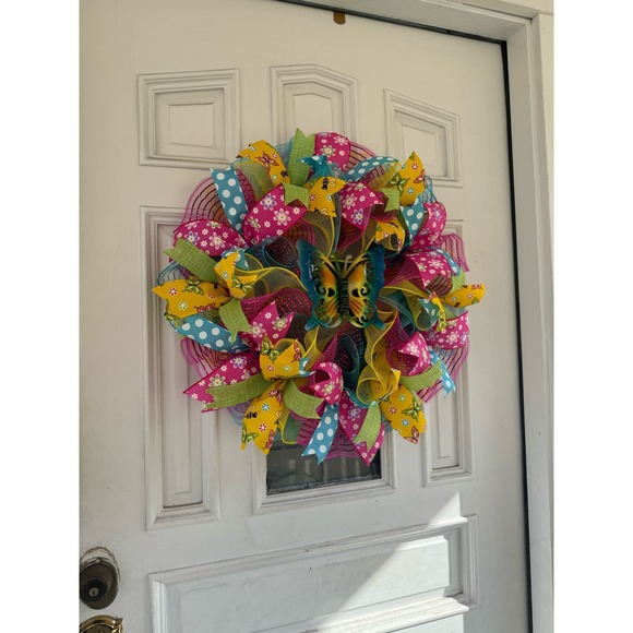 Butterfly Deco Mesh Ribbon Spring & Summer Wreath Front Door Hanger Home Decor - Picture 7 of 8